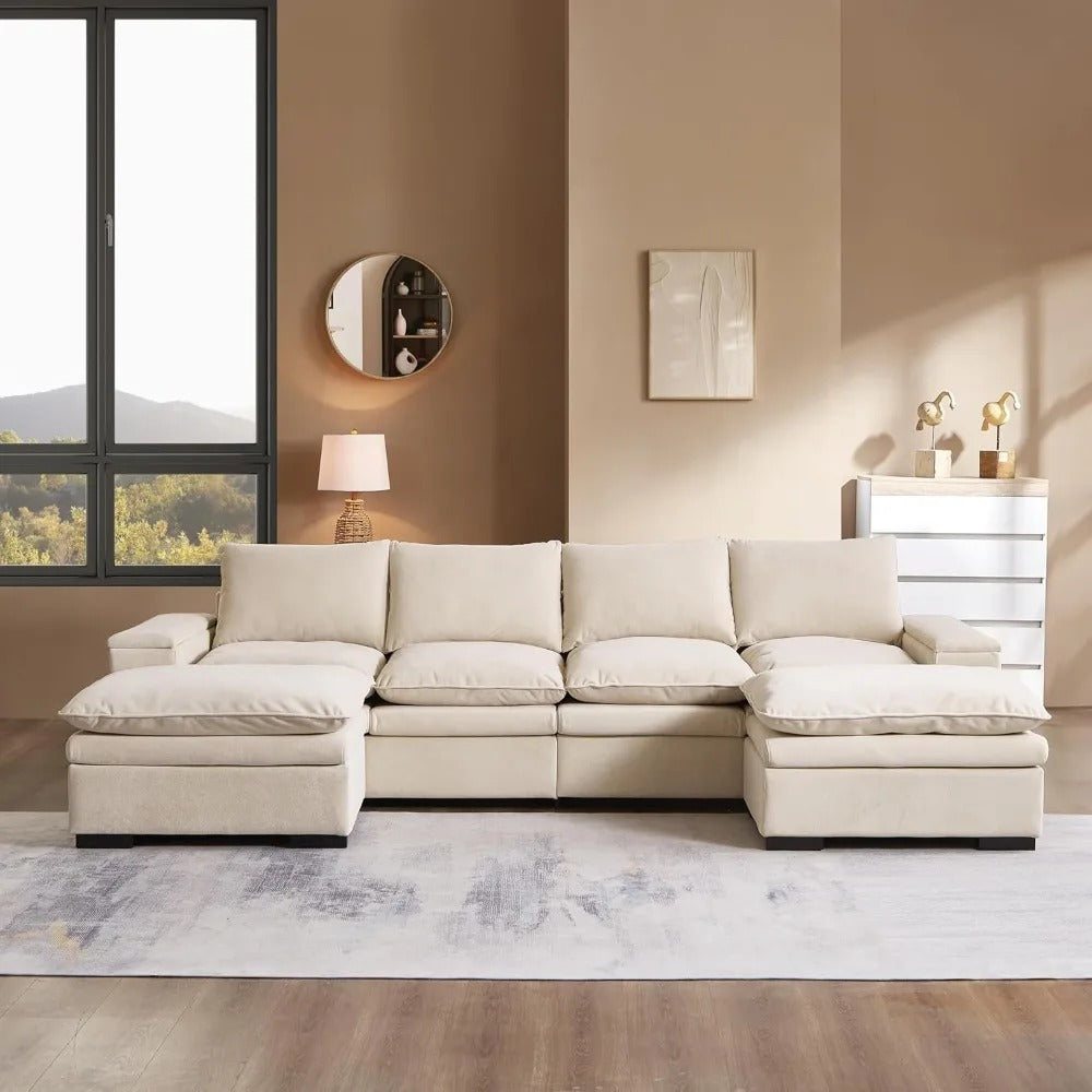 122″ Oversized Modular Sectional Sofa with Movable Ottoman, 6-Seat Deep Seat Sofa with Armrest Storage, Convertible U Shaped