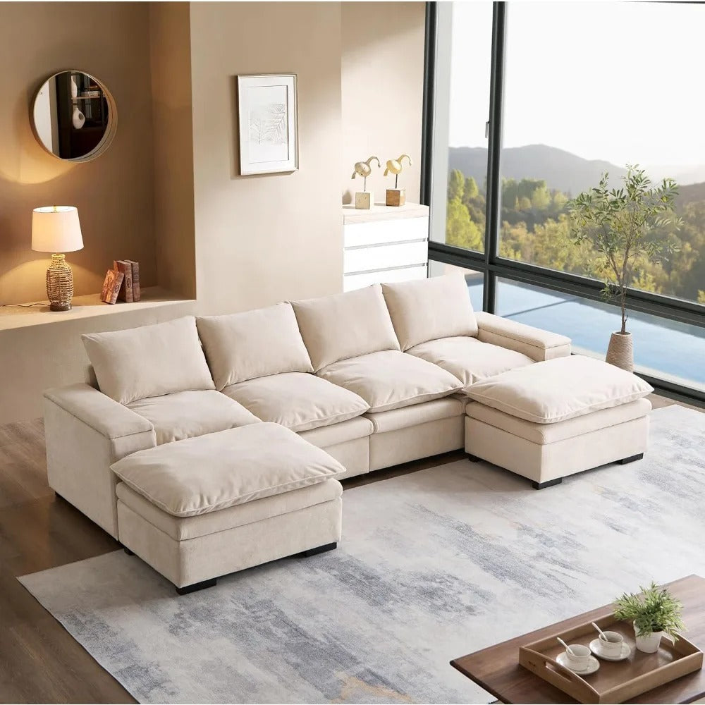 122″ Oversized Modular Sectional Sofa with Movable Ottoman, 6-Seat Deep Seat Sofa with Armrest Storage, Convertible U Shaped