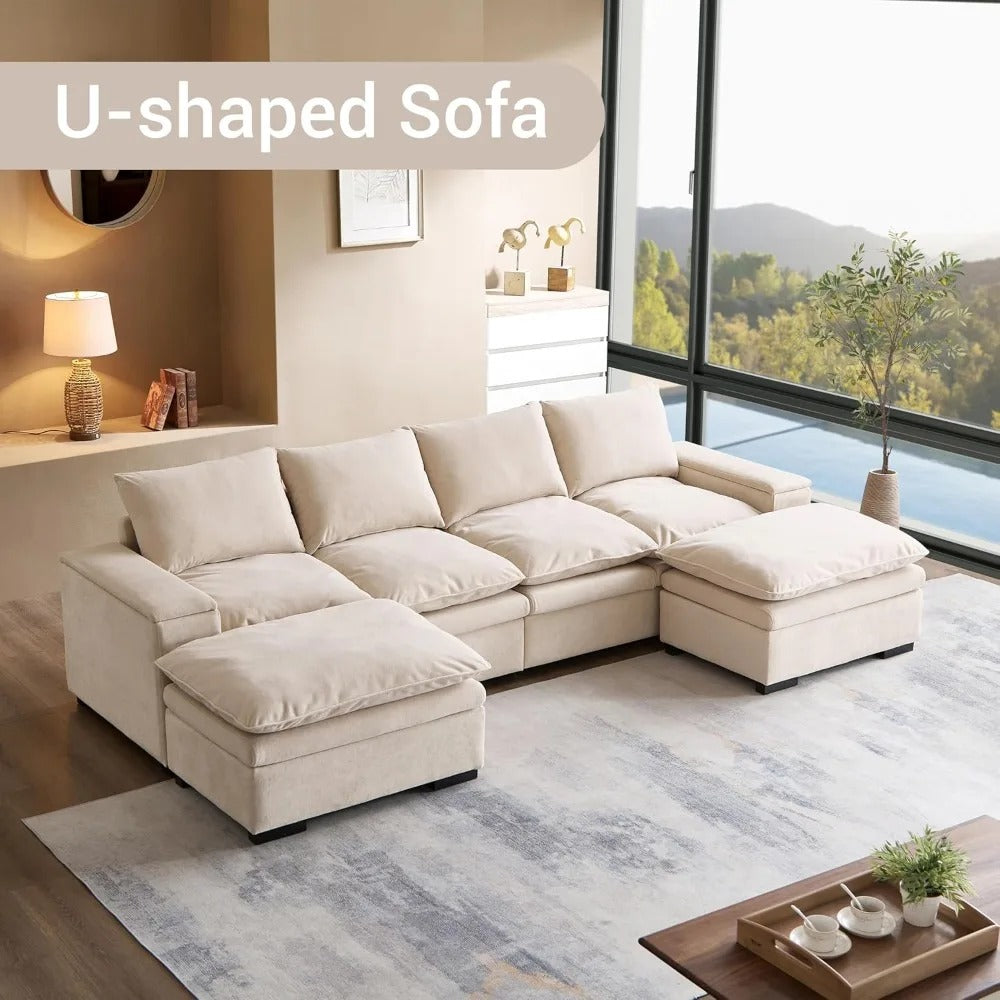 122″ Oversized Modular Sectional Sofa with Movable Ottoman, 6-Seat Deep Seat Sofa with Armrest Storage, Convertible U Shaped