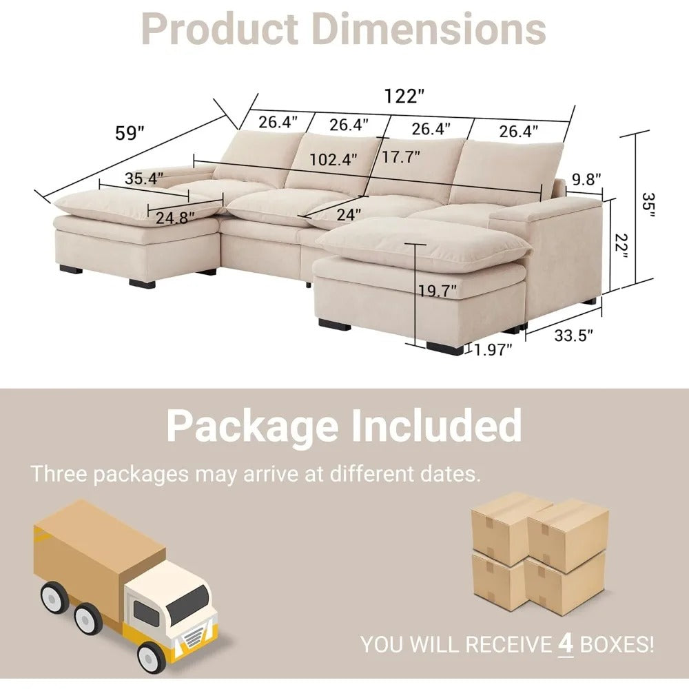 122″ Oversized Modular Sectional Sofa with Movable Ottoman, 6-Seat Deep Seat Sofa with Armrest Storage, Convertible U Shaped